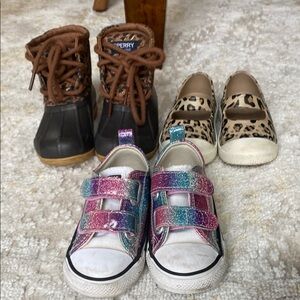 3 pairs Girls shoes sz 6 - Sperry Leopard Boots, Converse rainbow, Old Navy